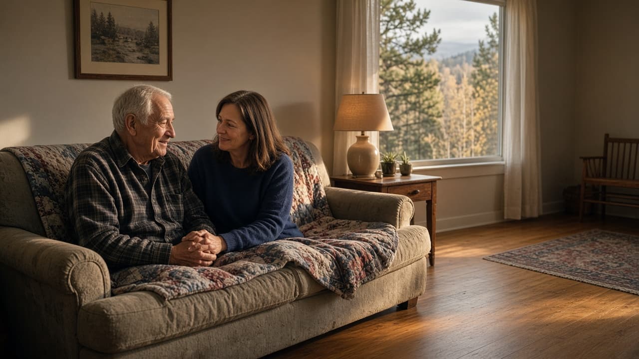 A caregiver and an older man sitting together at home in Missoula